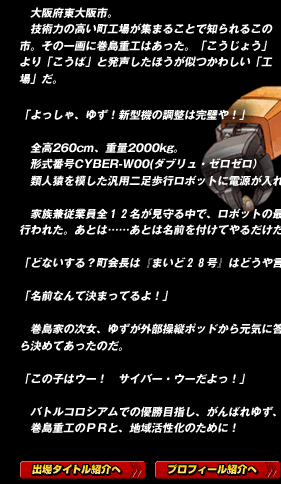 　大阪府東大阪市。
　技術力の高い町工場が集まることで知られるこの市。その一画に巻島重工はあった。「こうじょう」より「こうば」と発声したほうが似つかわしい「工場」だ。

「よっしゃ、ゆず！新型機の調整は完璧や！」

　全高260cm、重量2000kg。
　形式番号CYBER-W00(ダブリュ・ゼロゼロ）
　類人猿を模した汎用二足歩行ロボットに電源が入れられた。

　家族兼従業員全１２名が見守る中で、ロボットの最初の起動は順調に行われた。あとは……あとは名前を付けてやるだけだ。

「どないする？町会長は『まいど２８号』はどうや言うてるけど」

「名前なんて決まってるよ！」

　巻島家の次女、ゆずが外部操縦ポッドから元気に答えた。ずっと前から決めてあったのだ。

「この子はウー！　サイバー・ウーだよっ！」

　バトルコロシアムでの優勝目指し、がんばれゆず、負けるなウー。
　巻島重工のＰＲと、地域活性化のために！