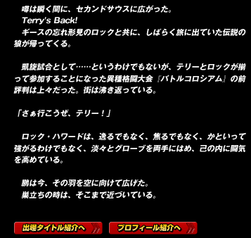 　噂は瞬く間に、セカンドサウスに広がった。
　Terry's Back!
　ギースの忘れ形見のロックと共に、しばらく旅に出ていた伝説の狼が帰ってくる。

　凱旋試合として……というわけでもないが、テリーとロックが揃って参加することになった異種格闘大会『バトルコロシアム』の前評判は上々だった。街は沸き返っている。

「さぁ行こうぜ、テリー！」

　ロック・ハワードは、逸るでもなく、焦るでもなく、かといって強がるわけでもなく、淡々とグローブを両手にはめ、己の内に闘気を高めている。

　鵬は今、その羽を空に向けて広げた。
　巣立ちの時は、そこまで近づいている。