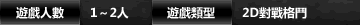 遊戲人數：1～2人　遊戲類型：2D對戰格鬥